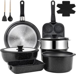 Jogo De Panelas 12 Peças, Conjunto De Panelas Antiaderentes Punho Destacável, Conjuntos De Panelas De Cozinha De Indução Antiaderente Com Alça Removível