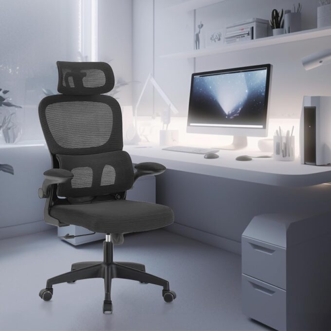 cadeira de escritório, design ergonômico com suporte lombar independente, malha respirável e encosto de cabeça ajustável (preto) 1